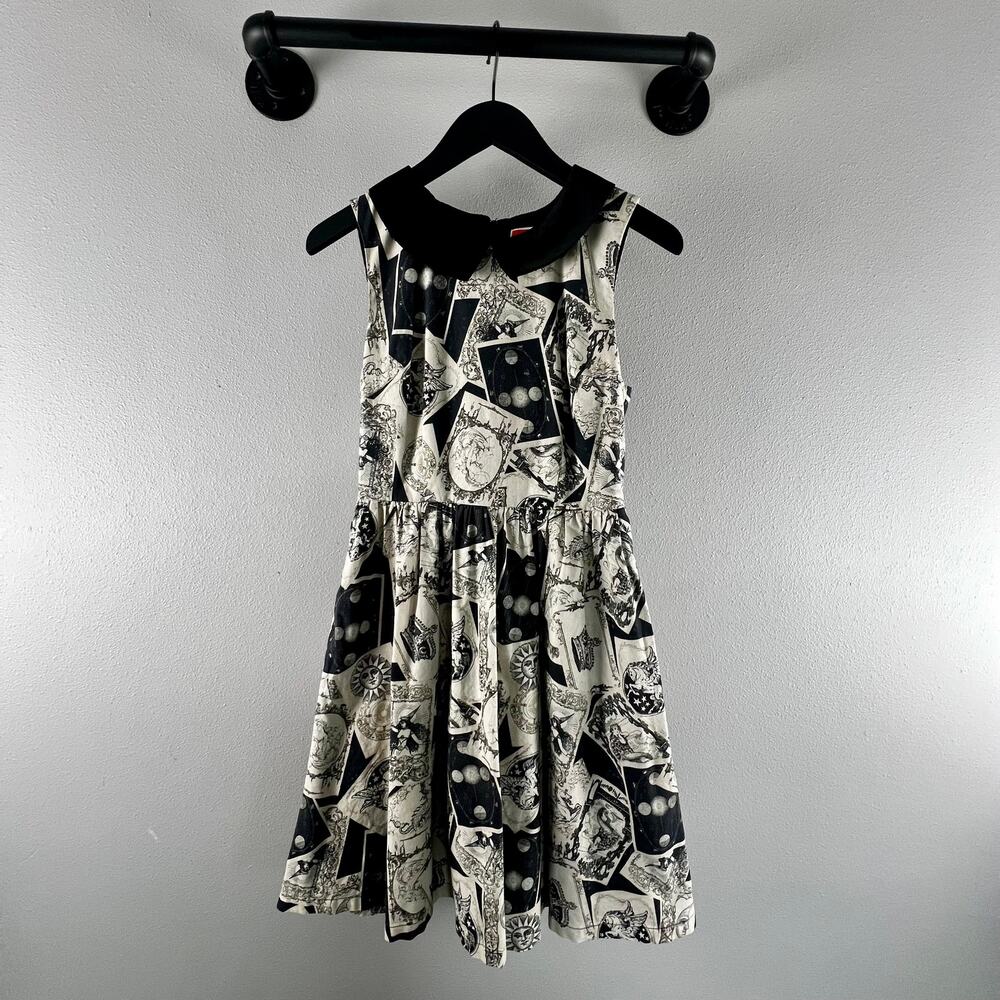 ModCloth Black White Celestial Tarot Card Print Peter Pan Collar Dress Size S